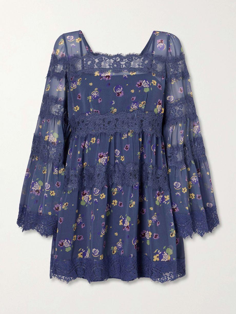 Pleated floral-print lace-trimmed chiffon mini dress by ANNA SUI