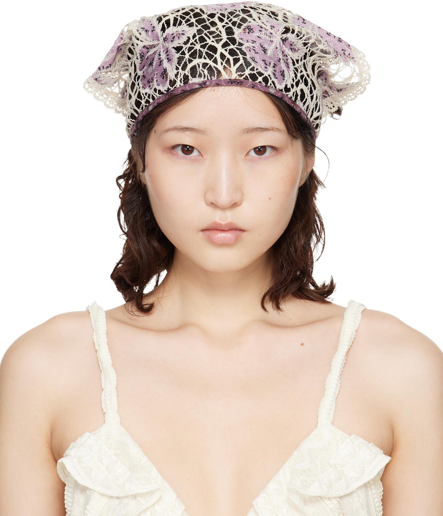 Purple & Off-White Medallion Floral Lace Headscarf by ANNA SUI