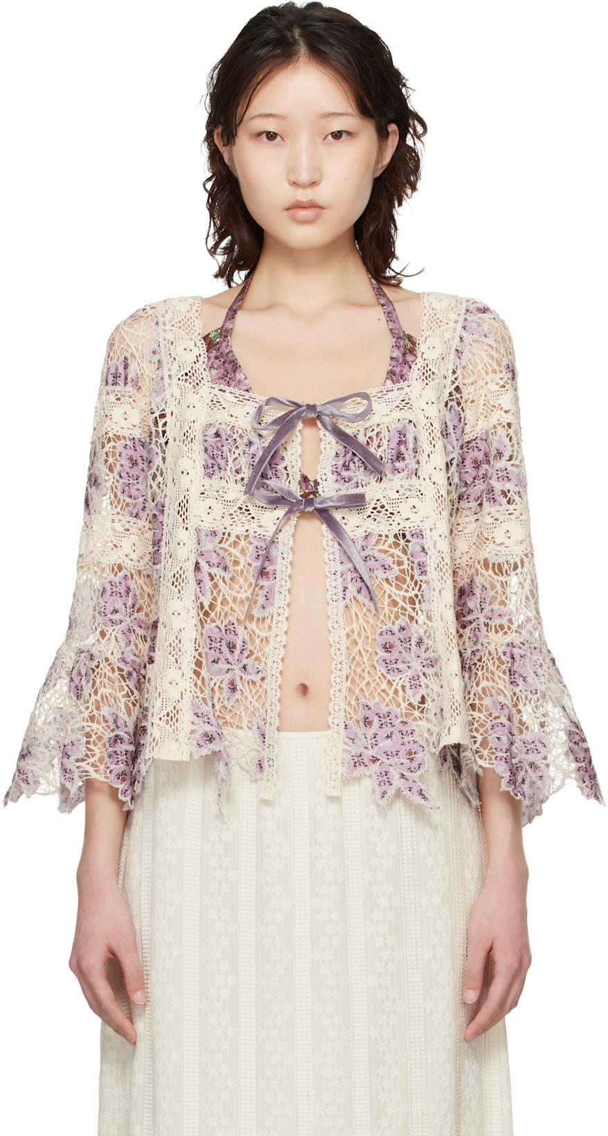Purple & Off-White Medallion Floral Lace Tie Blouse by ANNA SUI