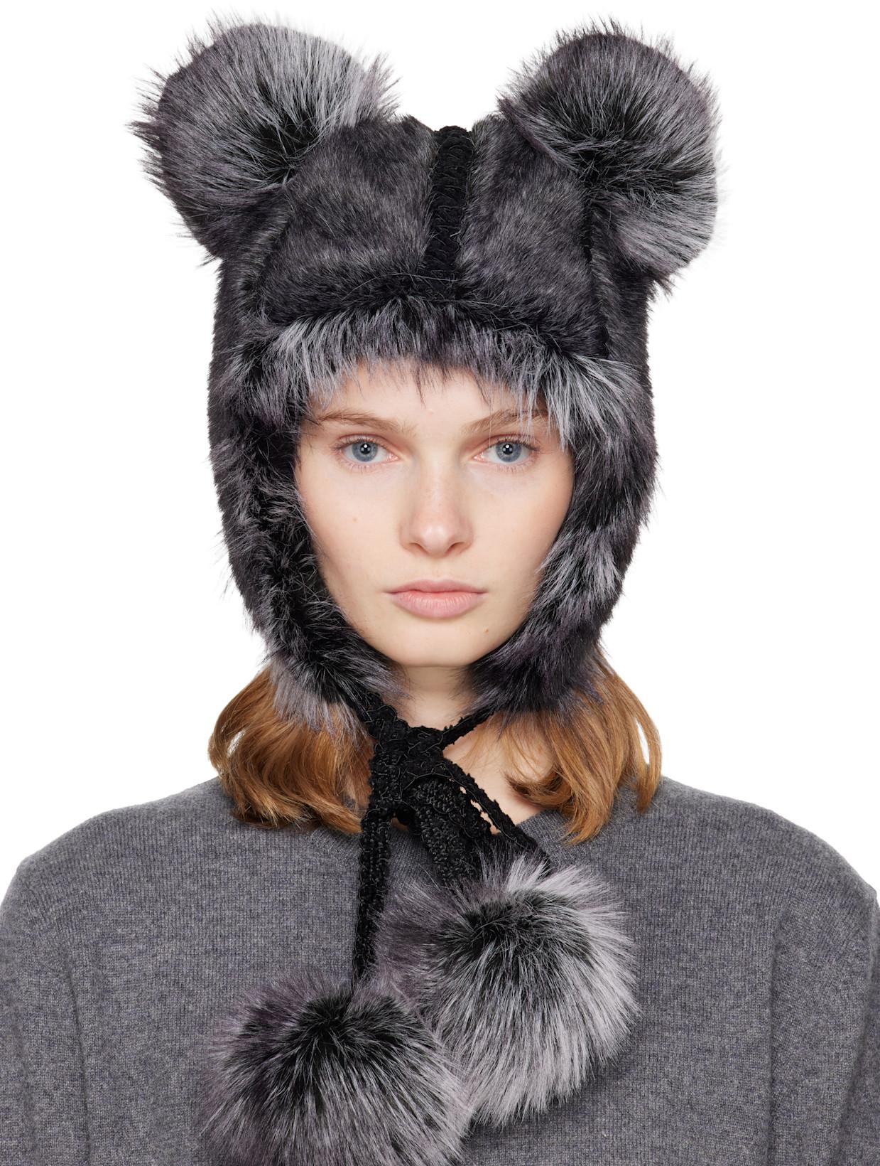 SSENSE Exclusive Black & Gray Faux Fur Teddy Bear Hat by ANNA SUI