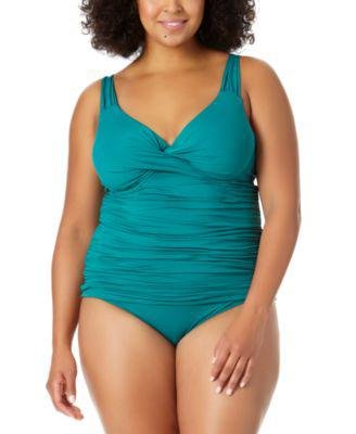 Plus Size Printed Drape-Front Tankini Top & Solid High-Waist Bikini Bottoms by ANNE COLE