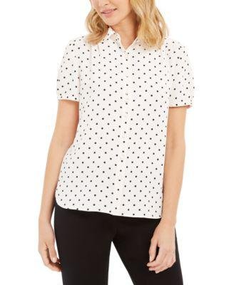 Dot-Print Button-Up Short-Sleeve Blouse by ANNE KLEIN