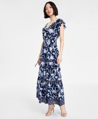 Women's Printed Border-Trim Drawstring Maxi Dress by ANNE KLEIN Women's Printed Border-Trim Drawstring Maxi Dress by ANNE KLEIN