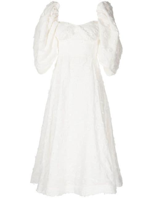 puff-sleeve floral-embroidered midi dress by ANOUKI