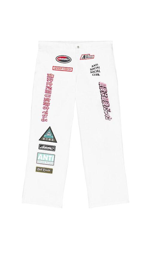 Anti Social Social Club Patched Up Racing Pants in White by ANTI SOCIAL SOCIAL CLUB Anti Social Social Club Patched Up Racing Pants in White by ANTI SOCIAL SOCIAL CLUB