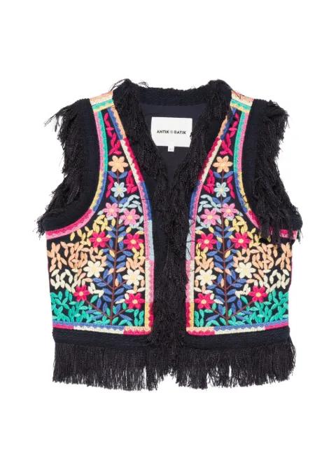 Rainbow floral-embroidered fringe vest by ANTIK BATIK
