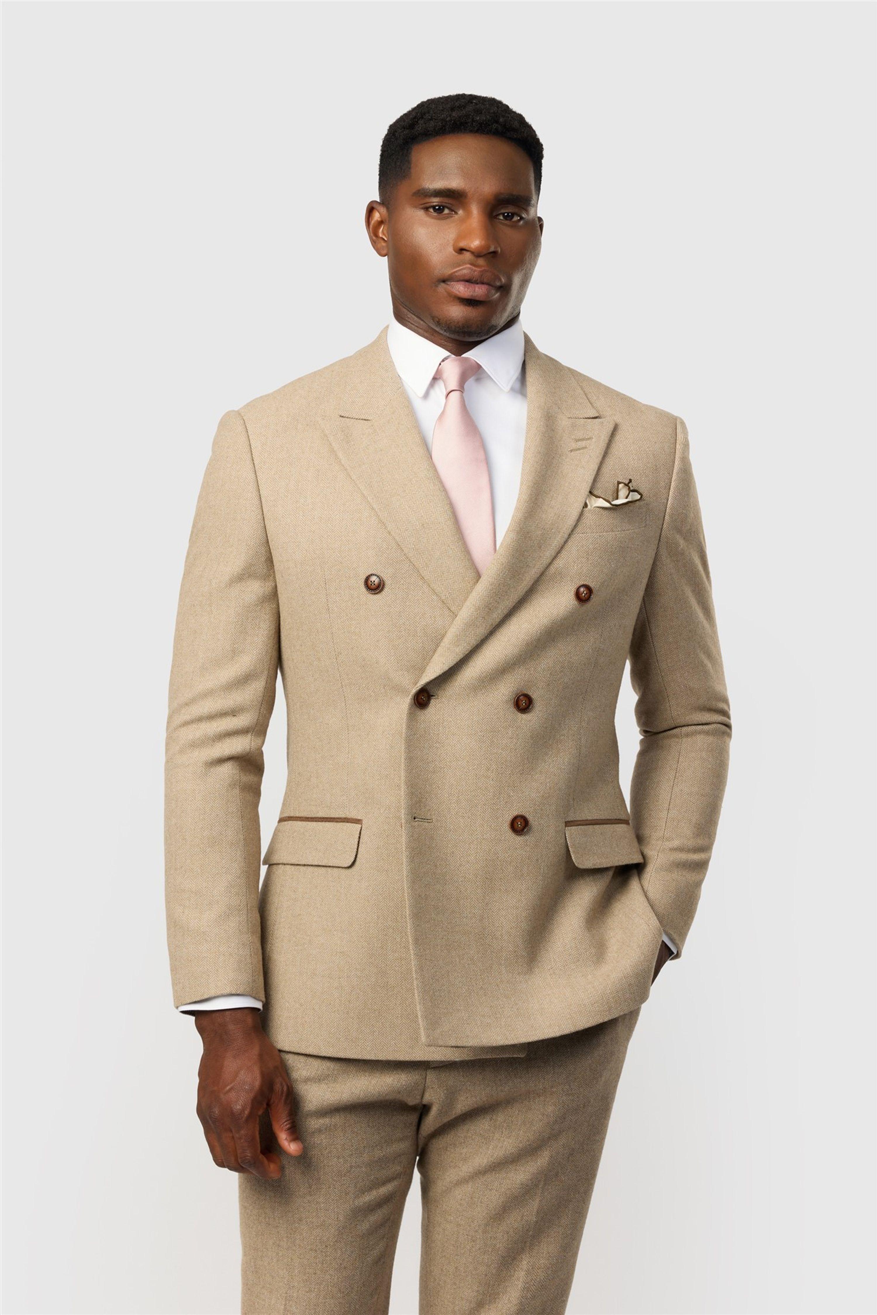 Double Breasted Six Button Herringbone Slim Fit Suit Jacket by ANTIQUE ROGUE