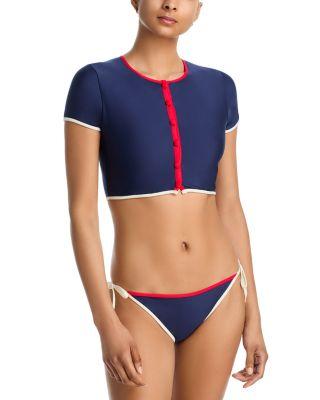 Crewneck Button Up Tankini Top & AQUA String Bikini Bottom - Exclusive by AQUA