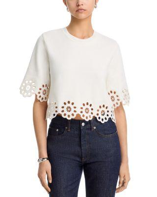Embroidered Cutout Crop Round Neck Sweater - Exclusive by AQUA