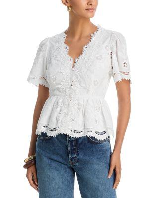 Embroidered Lace Button Down V Neck Top - Exclusive by AQUA