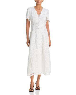 Embroidered Lace Button Front V Neck Dress - Exclusive by AQUA