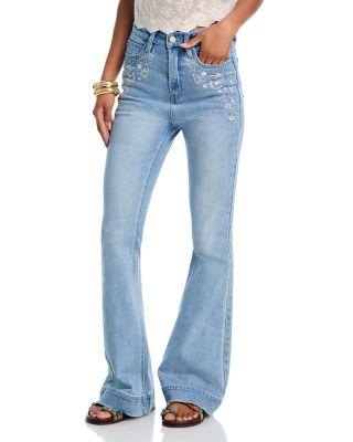 Embroidery Stud Bell Bottom High Rise Jeans in Light Wash - Exclusive by AQUA