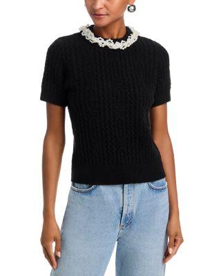 Faux Pearl Embellished Short Sleeve Sweater - Exclusive by AQUA