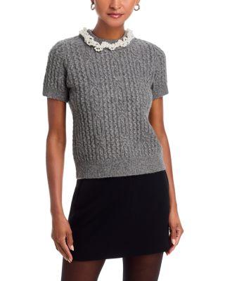 Faux Pearl Embellished Short Sleeve Sweater - Exclusive by AQUA