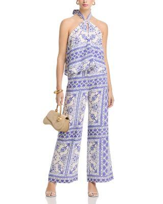 Floral Border Mosaic Halter Top & Wide Leg Pants Set -Exclusive by AQUA