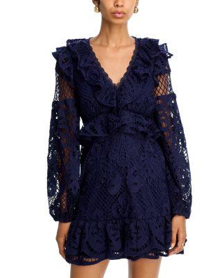 Lace V Neck Long Sleeve Ruffle Mini Dress - Exclusive by AQUA