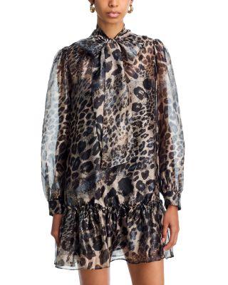 Leopard Tie Neck Long Sleeve Drop Waist Dress - Exclusive by AQUA