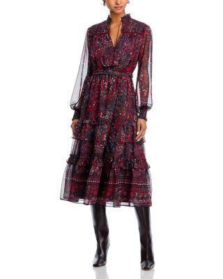 Long Sleeve Paisley Border Dot Midi Dress - Exclusive by AQUA