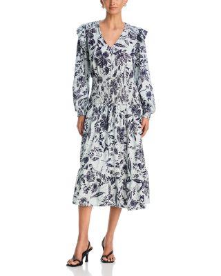 Long Sleeve V Neck Smocked Waist Midi Dress - Exclusive by AQUA