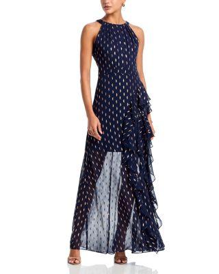 Metallic Crescent Chiffon Ruffle Gown - Exclusive by AQUA