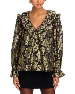 Metallic Jacquard Ruffle Neck Top - Exclusive by AQUA