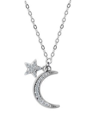 Pavé Cubic Zirconia Moon & Star Charm Necklace in Sterling Silver or 18K Yellow Gold Plated Sterling Silver by AQUA Pavé Cubic Zirconia Moon & Star Charm Necklace in Sterling Silver or 18K Yellow Gold Plated Sterling Silver by AQUA