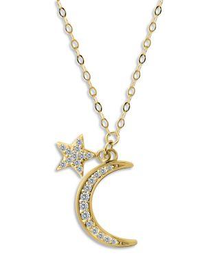 Pavé Cubic Zirconia Moon & Star Charm Necklace in Sterling Silver or 18K Yellow Gold Plated Sterling Silver by AQUA Pavé Cubic Zirconia Moon & Star Charm Necklace in Sterling Silver or 18K Yellow Gold Plated Sterling Silver by AQUA