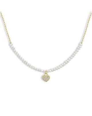 Pav&eacute; Heart Cultured Freshwater Pearl Beaded Pendant Necklace by AQUA