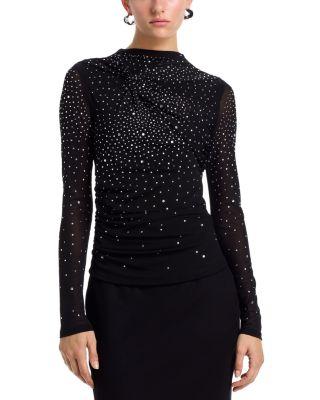 Rhinestone Mesh Jersey Long Sleeve Top - Exclusive by AQUA