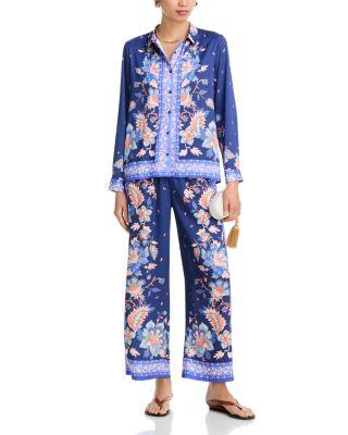 Scarf Button Front Shirt & Scarf Wide Leg Drawstring Pants - Exclusive by AQUA