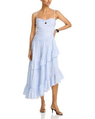 Stripe Ruffle Asymmetrical Midi Dress - Exclusive by AQUA