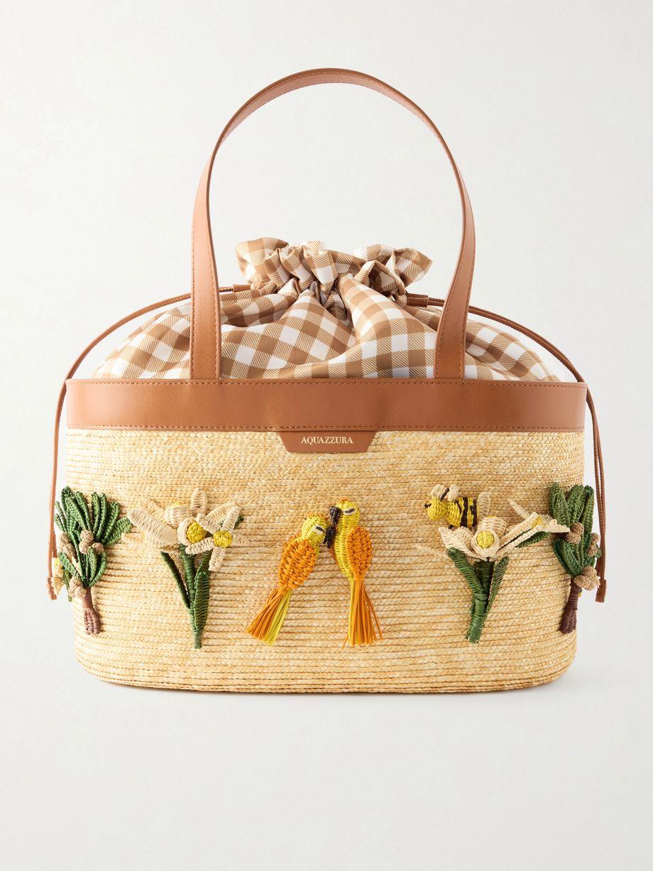 Birdsong appliquéd leather-trimmed raffia tote by AQUAZZURA