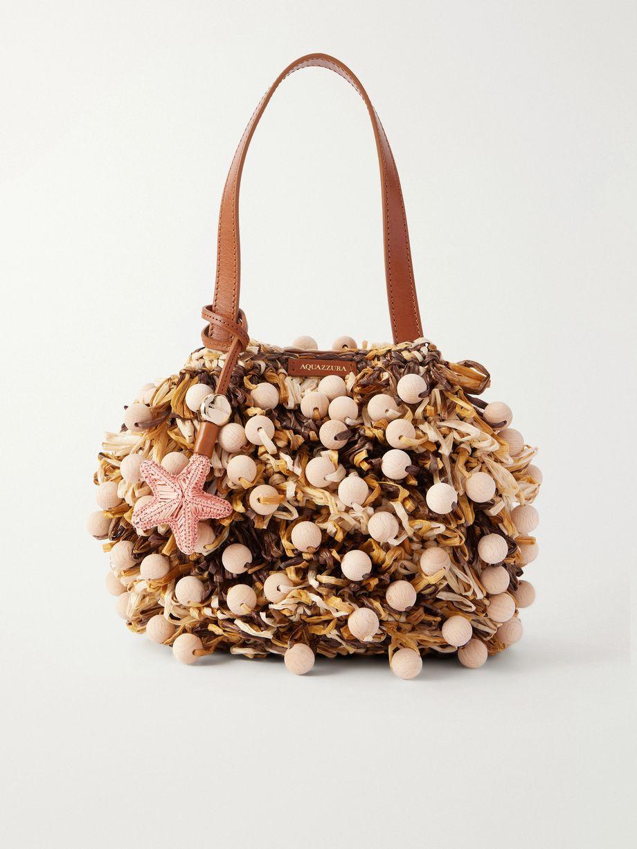 Pom Pom leather-trimmed beaded woven raffia mini bag by AQUAZZURA