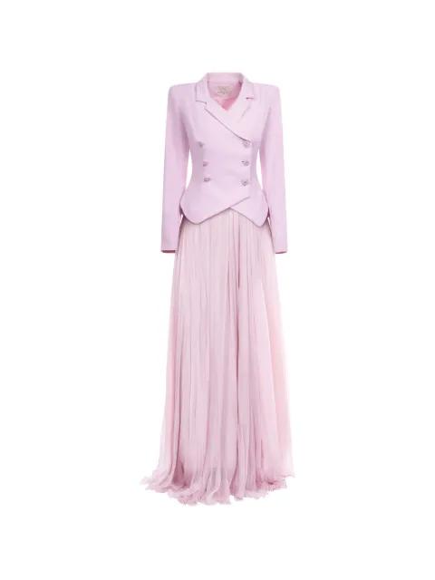 pleated peplum blazer and maxi skirt set by ARAFTU