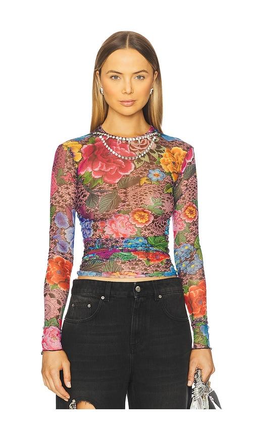AREA Crystal Embellished Printed Tulle Long Sleeve Top in Black by AREA