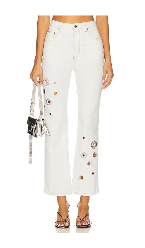 AREA Crystal Grommet Straight Leg Jean in Cream by AREA