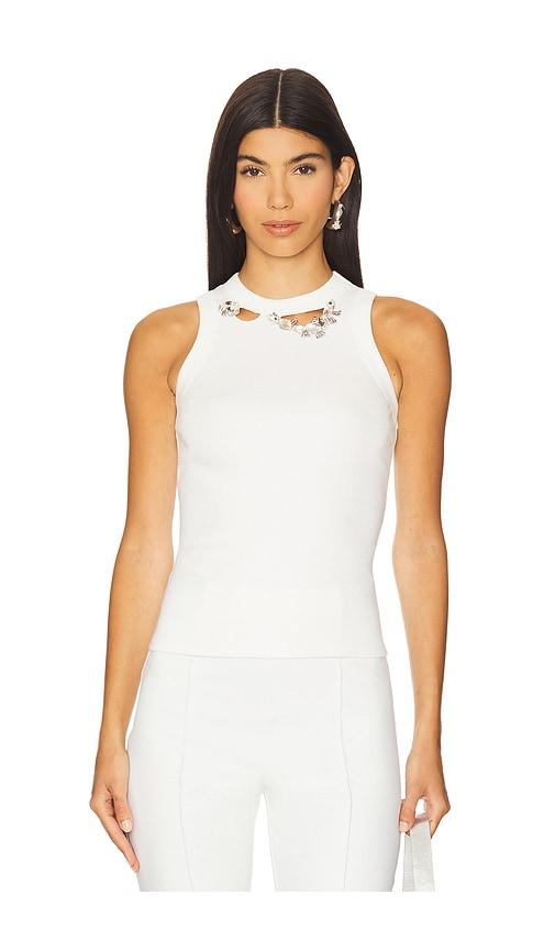 AREA Distressed Crystal Ribbed Knit Tank Top in Ivory by AREA