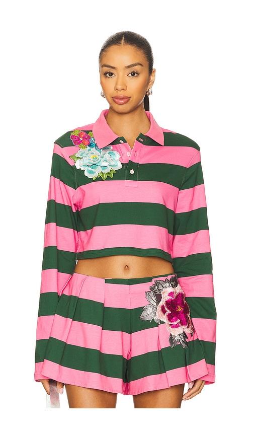 AREA Embroidered Flower Cropped Polo Top in Pink,Dark Green by AREA