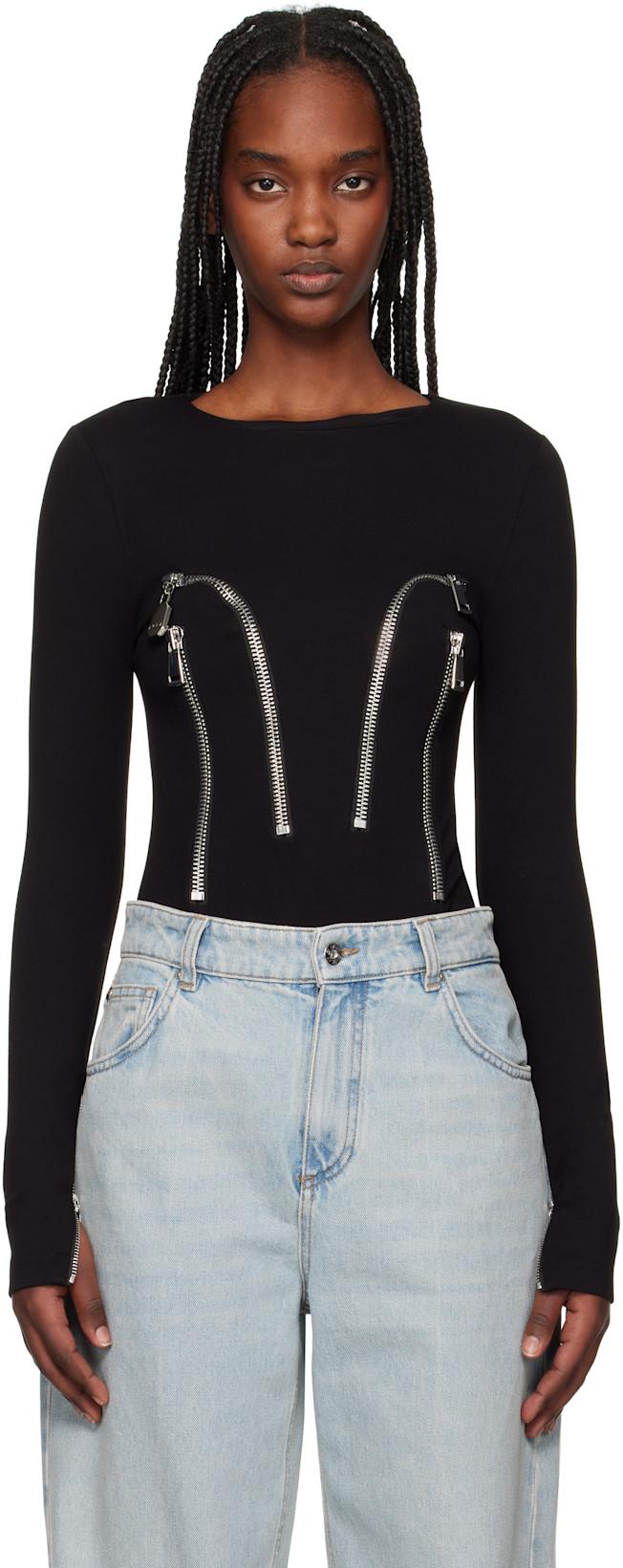 Black Long Sleeve Zipper Bodysuit by AREA