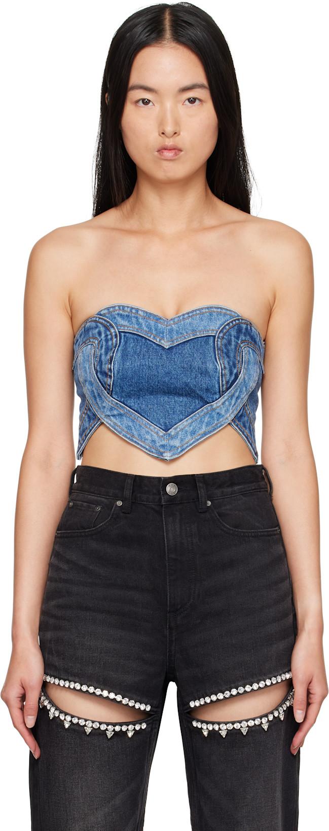 Blue Patchwork Heart Bandeau Denim Top by AREA