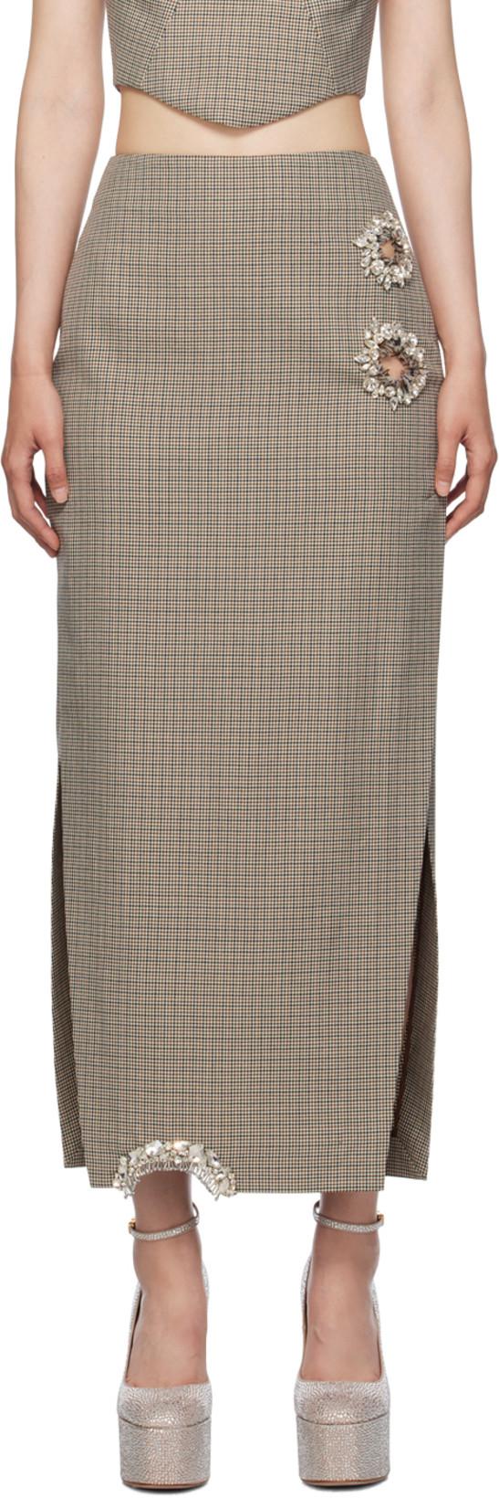 Brown Distressed Crystal Midi Skirt by AREA