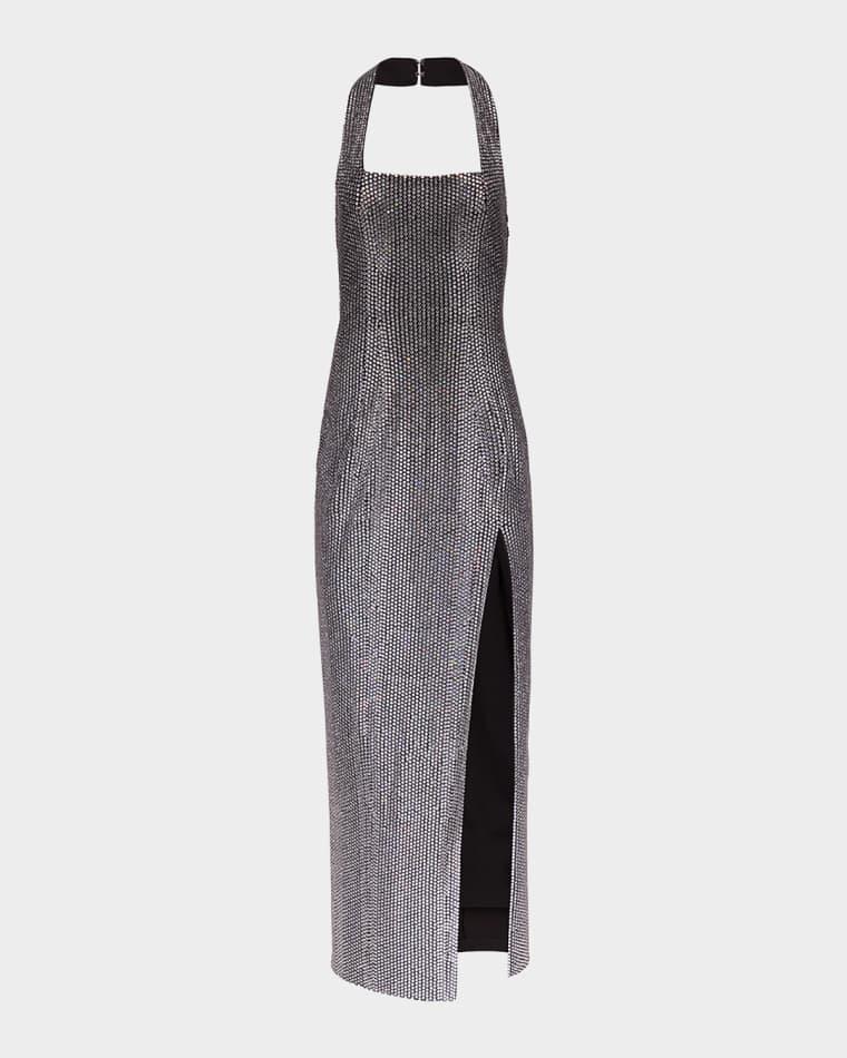 Crystal Embellished Halter Slit Gown by AREA
