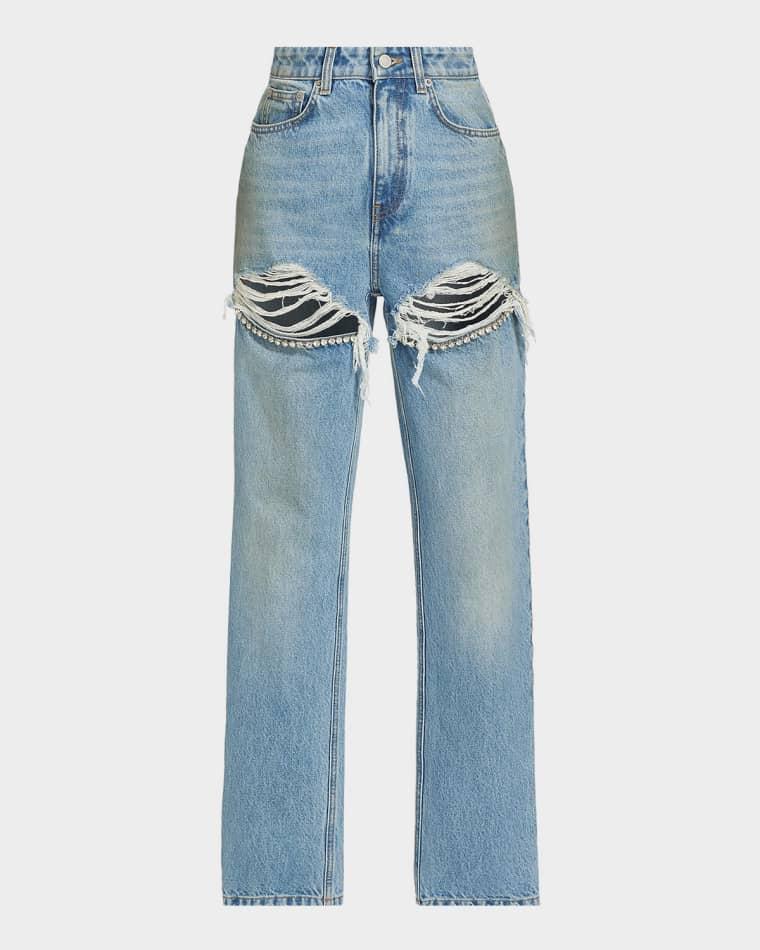 Crystal Frayed Slit Barrel-Leg Jeans by AREA