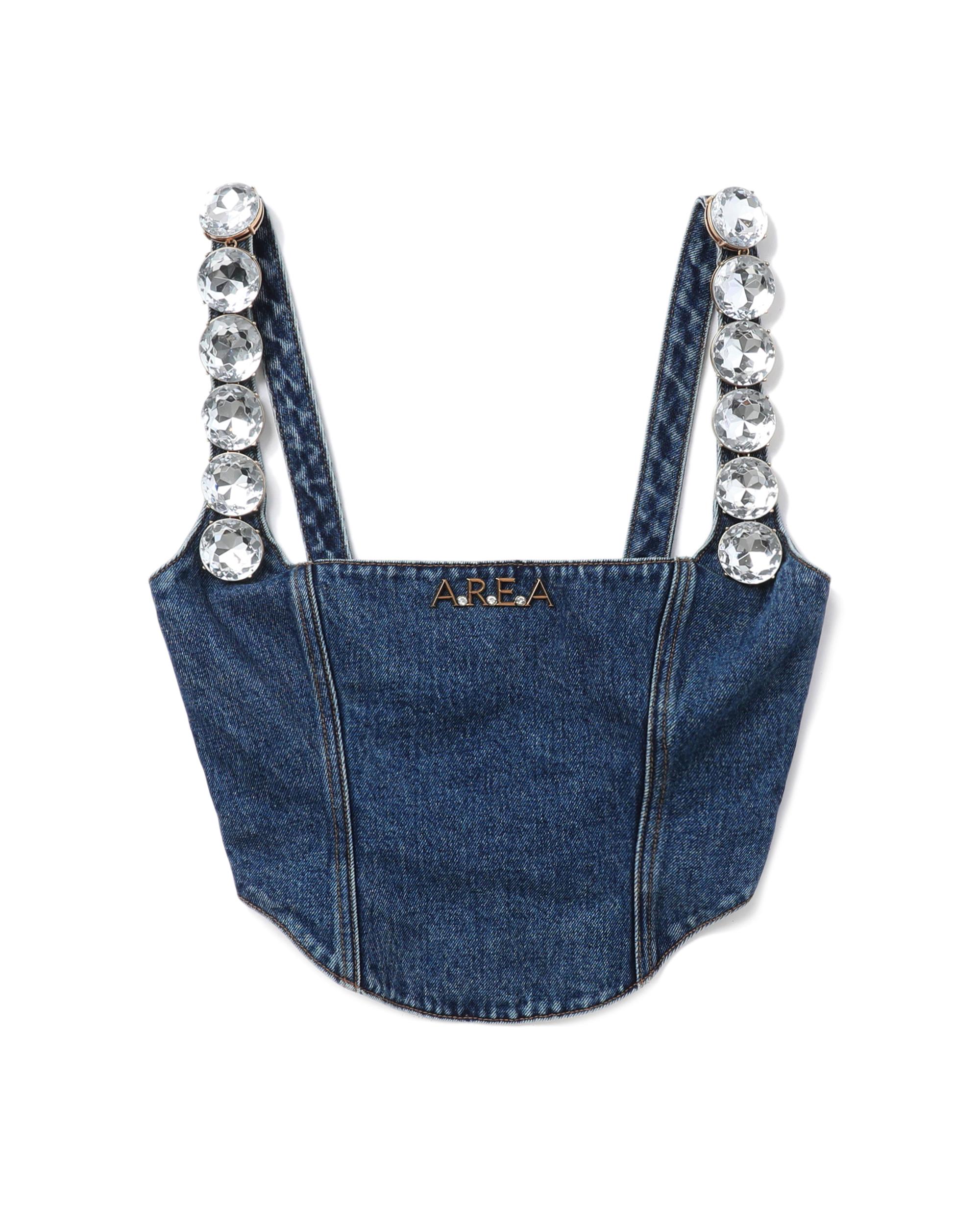 Crystal-embellished denim corset top by AREA