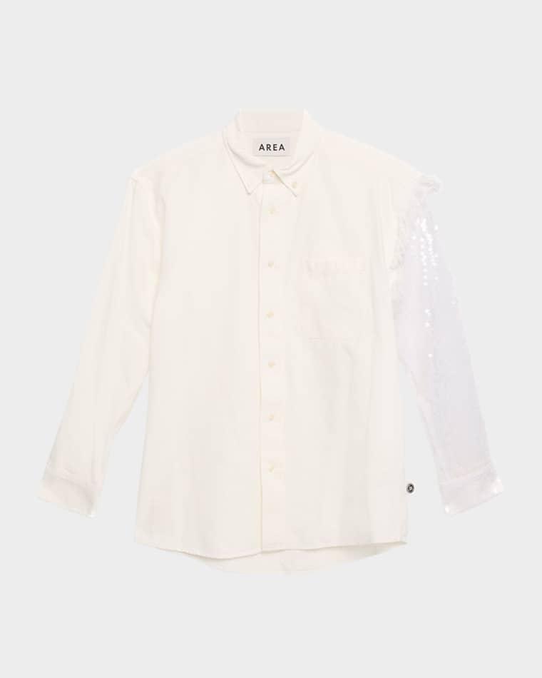 Deconstructed Sequined Sleeve Button-Down Shirt by AREA