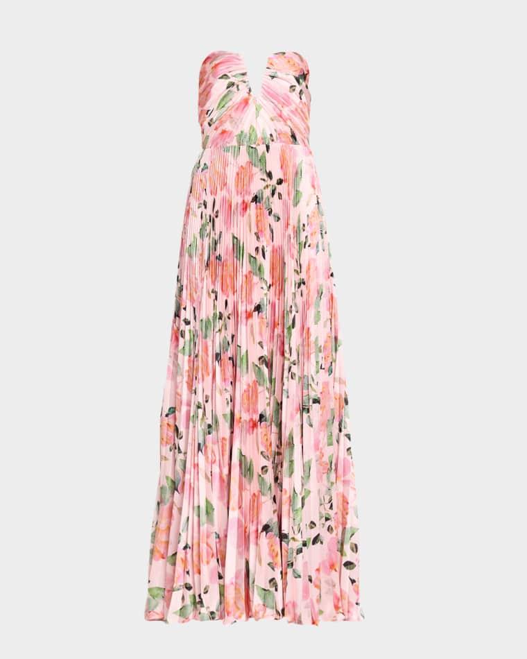 Ella Strapless Pleated Floral-Print Satin Gown by AS IT MAY