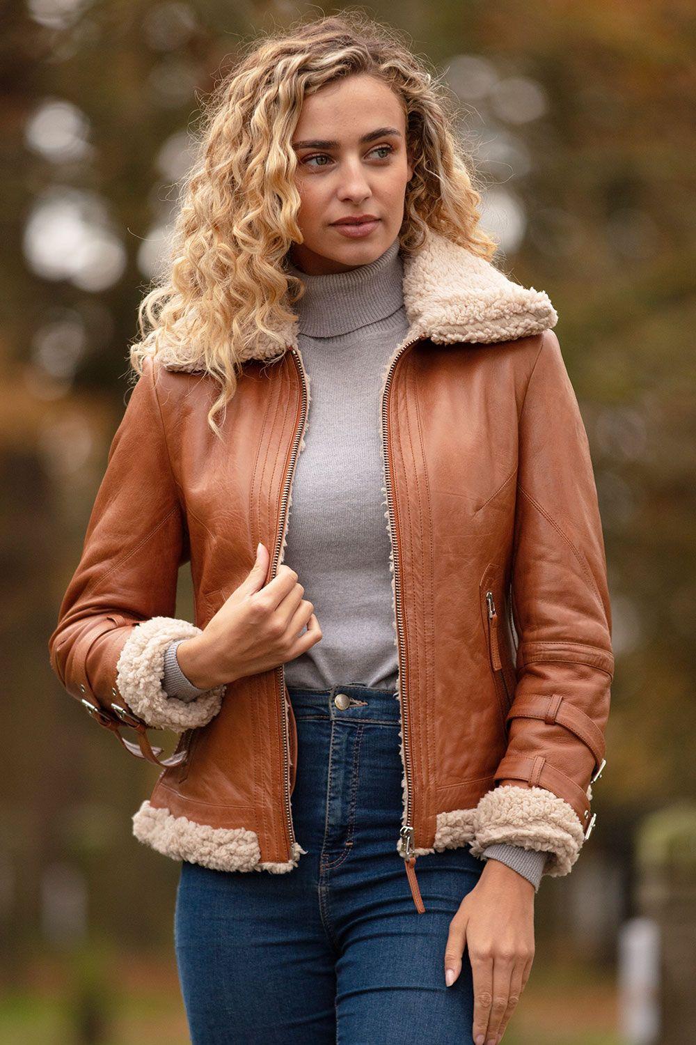 '2419' Ladies Leather Aviator Jacket with Faux Fur Lining by ASHWOOD LEATHER