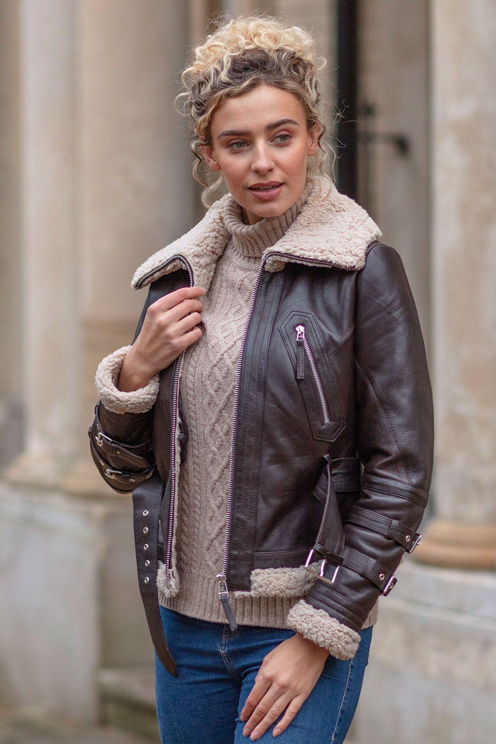 '2420' Ladies Leather Aviator Jacket With Oversized Fur Collar by ASHWOOD LEATHER '2420' Ladies Leather Aviator Jacket With Oversized Fur Collar by ASHWOOD LEATHER