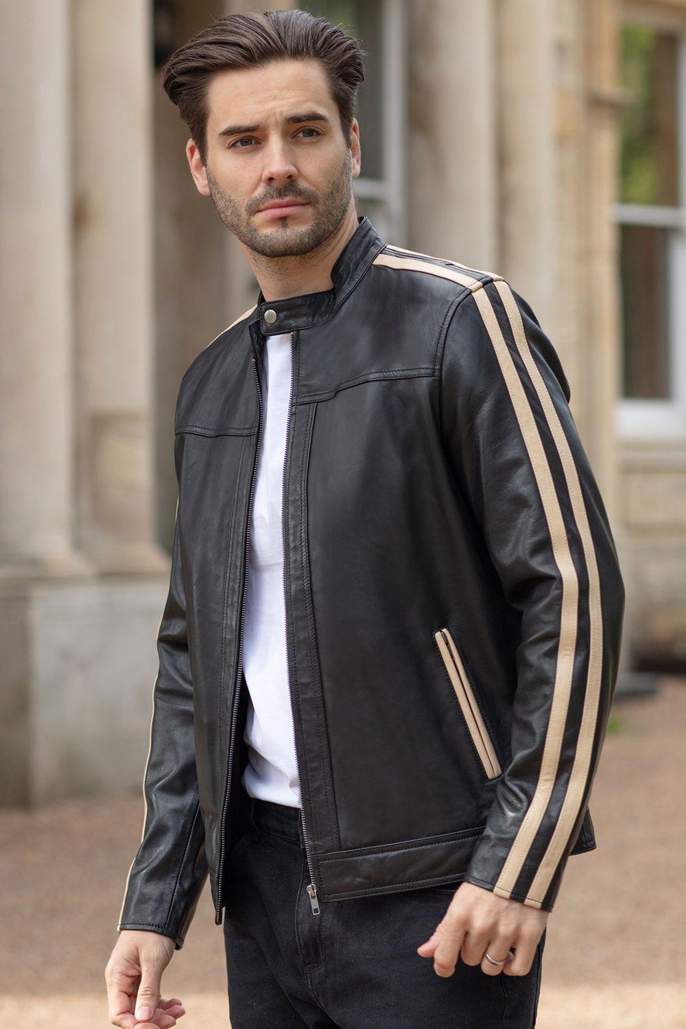 'Milano Vero' Real Leather Biker Jacket With Cream Contrast Stripes by ASHWOOD LEATHER