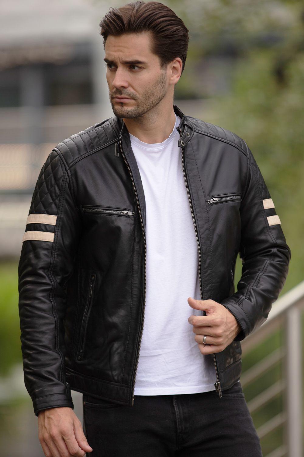'Nova' Ashwood Leather Contrasting Stripe Biker Jacket by ASHWOOD LEATHER